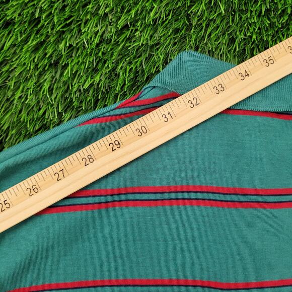 Vintage 90s MOD Striped Polo Shirt Large 22x27 Green Red - Picture 11 of 14